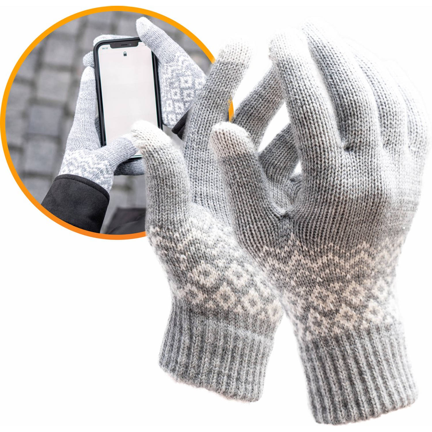 R2B Touchscreen handschoenen heren-dames winter Heren maat S-M- Dames maat M-L Model Brugge Grijs