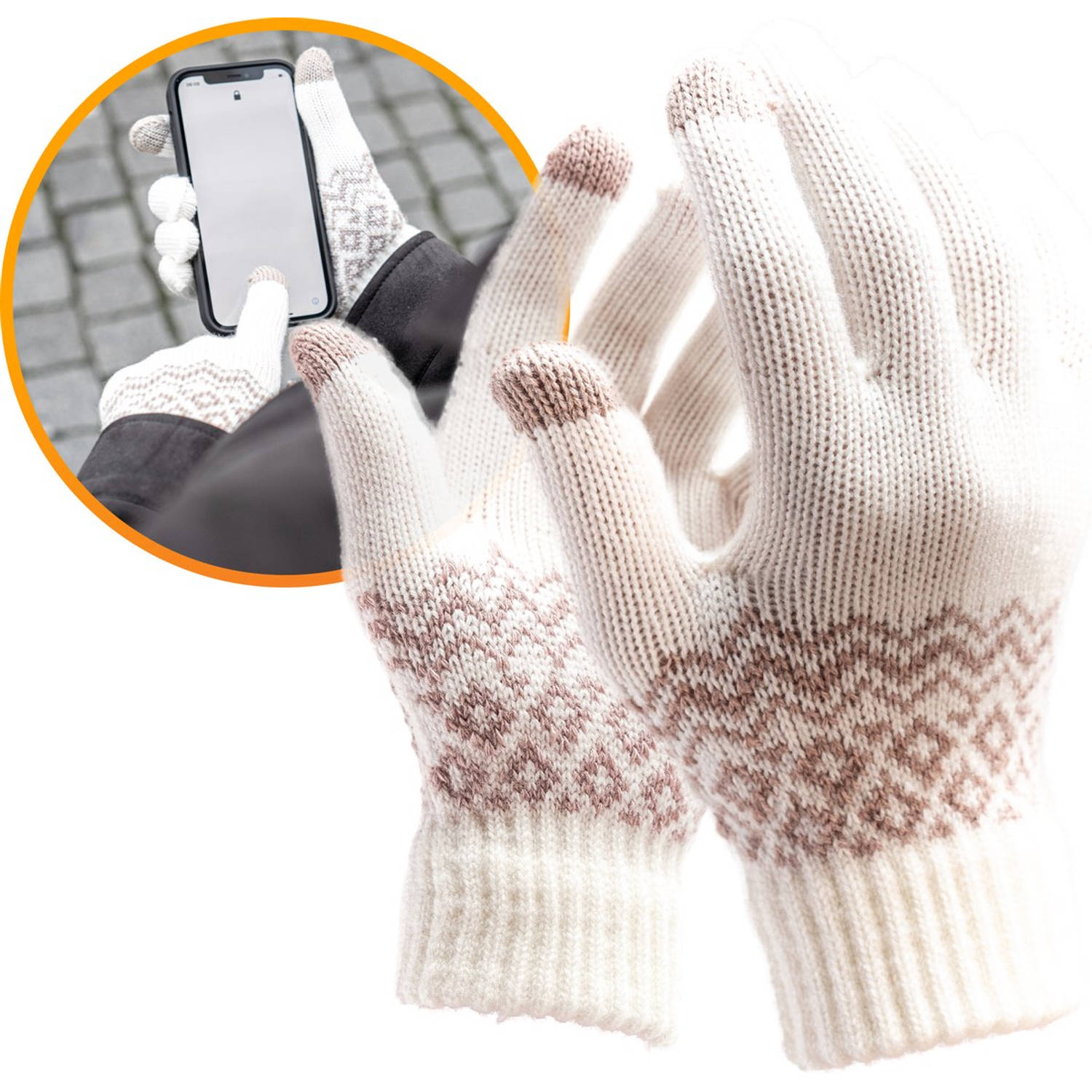 R2B Touchscreen handschoenen heren-dames winter Heren maat S-M- Dames maat M-L Model Brugge Wit