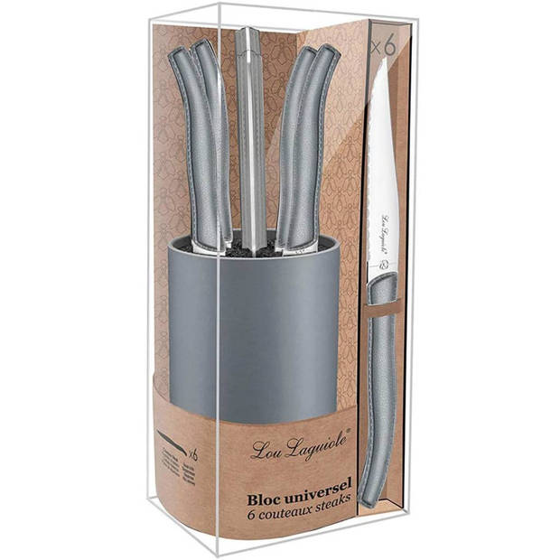 Lou Laguiole 6-pc Lou Laguiole Sky Grey steak knives in blok