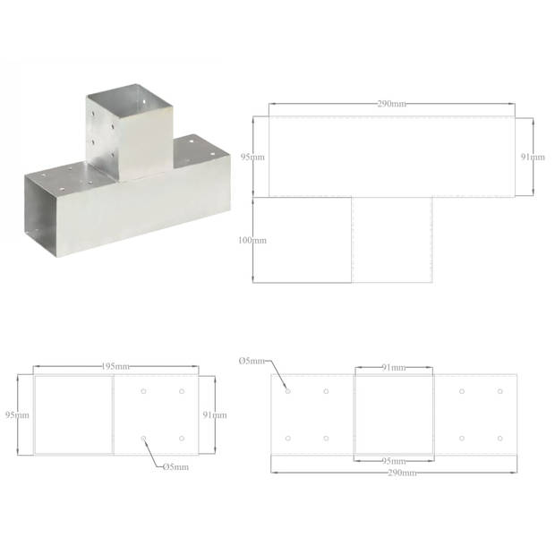 vidaXL Paalverbindingen 4 st T-vorm 91x91 mm gegalvaniseerd metaal