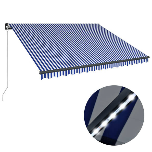 vidaXL Luifel handmatig uittrekbaar met LED 450x300 cm blauw en wit