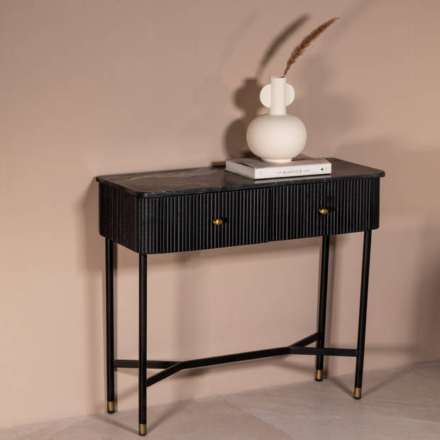 Giga Meubel - Sidetable Zwart Met Marmer - Japandi Style - 90x33x80cm