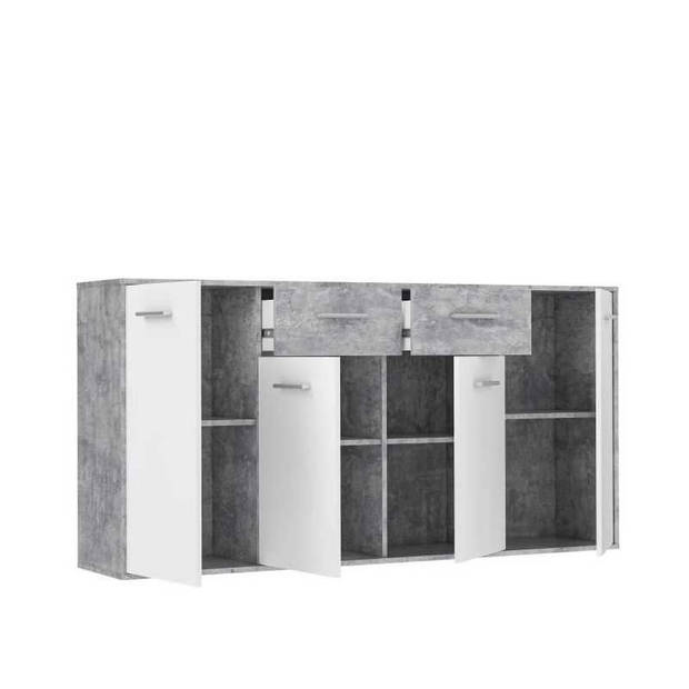 PILVI Laag dressoir 4 deuren 4 laden - Wit en lichtgrijs beton - B 162,3 x D 34,2 x H 88,1 cm