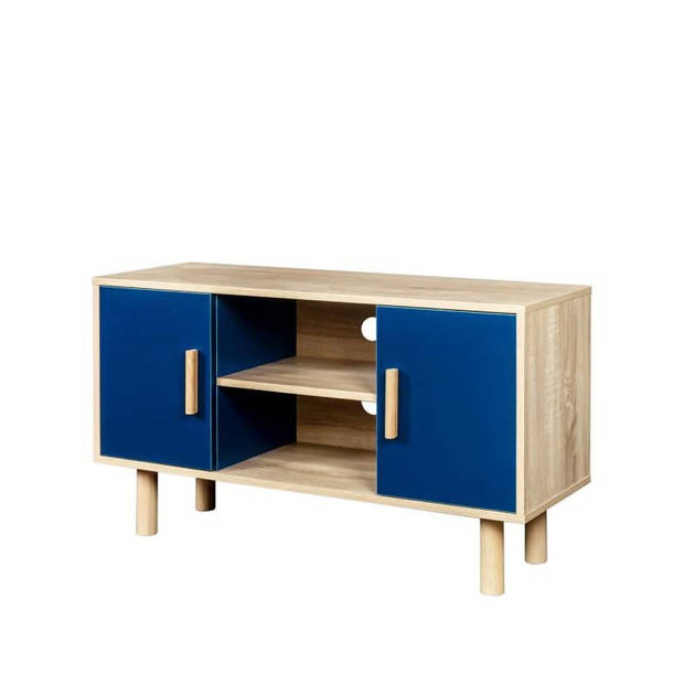 Lila TV Cabinet - 2 deuren - Blauwe melamine -decor - Solid houten voeten - L90 x D35 x H55 cm