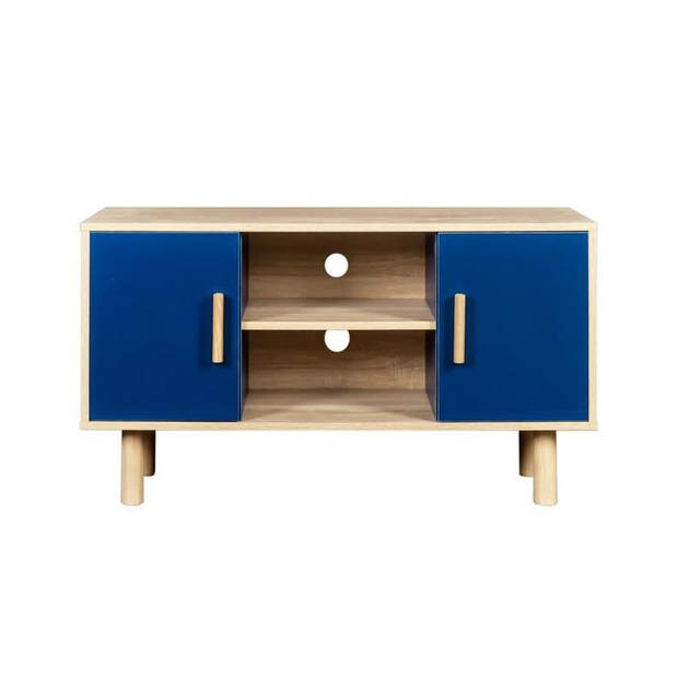 Lila TV Cabinet - 2 deuren - Blauwe melamine -decor - Solid houten voeten - L90 x D35 x H55 cm