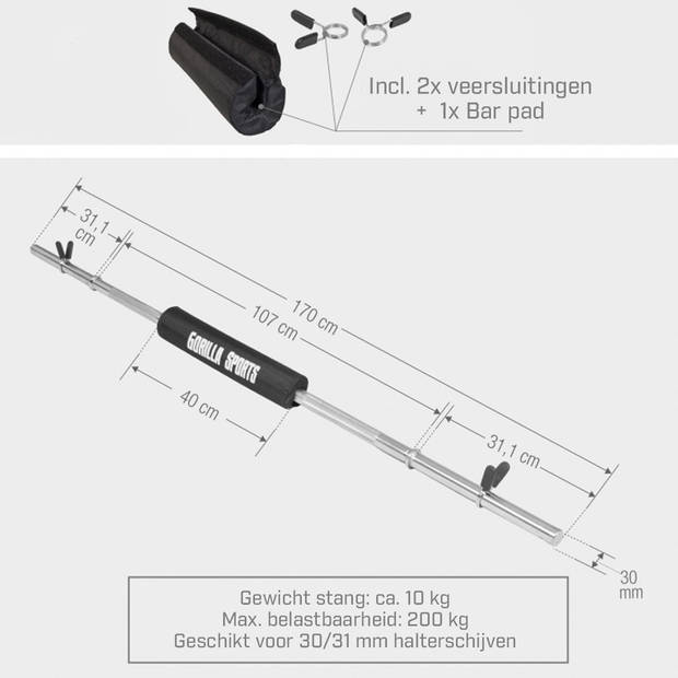 Gorilla Sports Halterstang - Barbell - 170 cm - Met Bar Pad - Nekkussen - 30/31 mm - Incl. Veersluiting