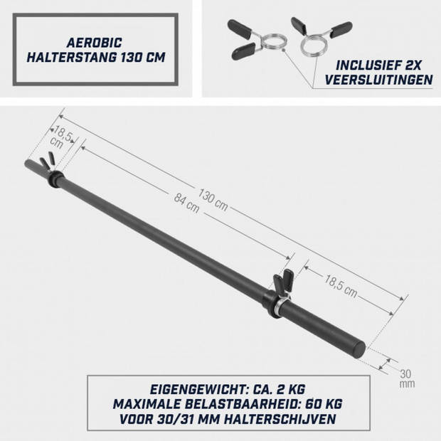 Gorilla Sports Set Aerobic Halterstangen - 5 stuks - Barbell - 130 cm - 30 mm - Incl. Veersluitingen