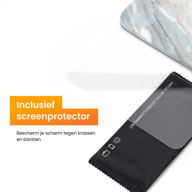 R2B® Marmer hoesje geschikt voor iPhone 14 - Model De Bilt - Inclusief screenprotector - Gsm case - Roze/Grijs/Blauw