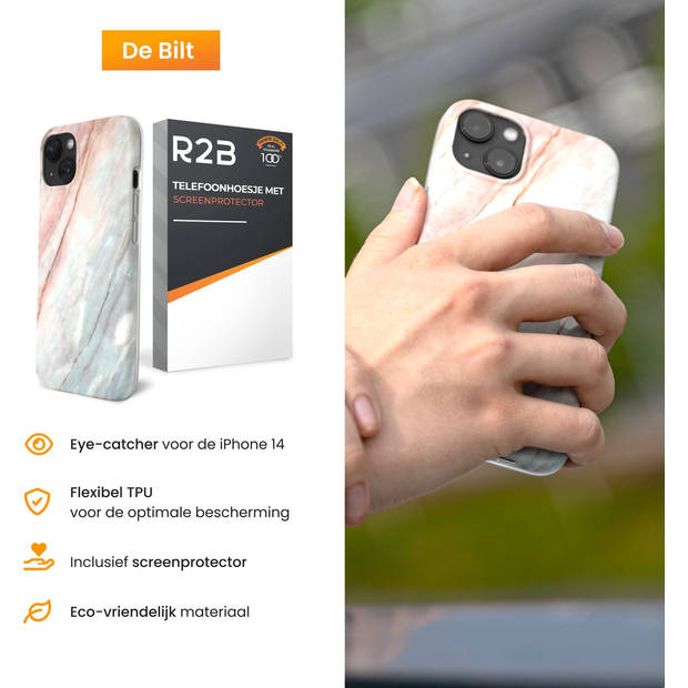 R2B® Marmer hoesje geschikt voor iPhone 14 - Model De Bilt - Inclusief screenprotector - Gsm case - Roze/Grijs/Blauw