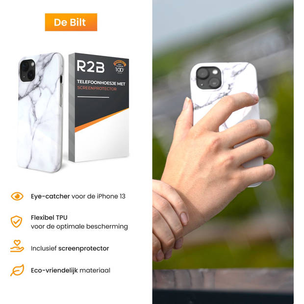 R2B® Marmer hoesje geschikt voor iPhone 13 - Model De Bilt - Inclusief screenprotector - Gsm case - Wit