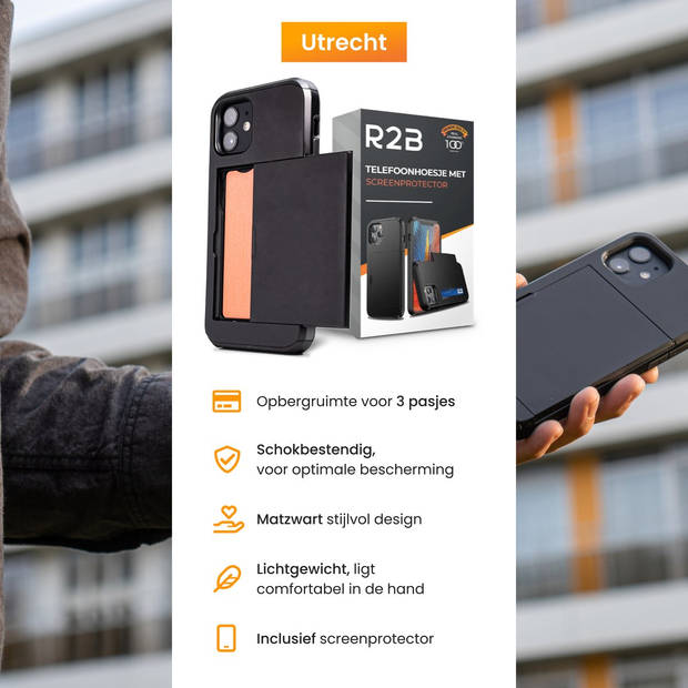 R2B hoesje met pasjeshouder geschikt voor iPhone 12 + 12 Pro - Model "Utrecht" - Inclusief screenprotector - Zwart