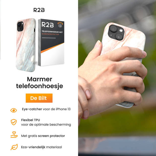 R2B Marmer hoesje geschikt voor iPhone 13 - 6.1 inch - Gratis screenprotector - Roze/Wit/Grijs