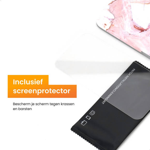 R2B® Marmer hoesje geschikt voor iPhone 14 - Model De Bilt - Inclusief screenprotector - Gsm case - Roze/Wit/Oranje
