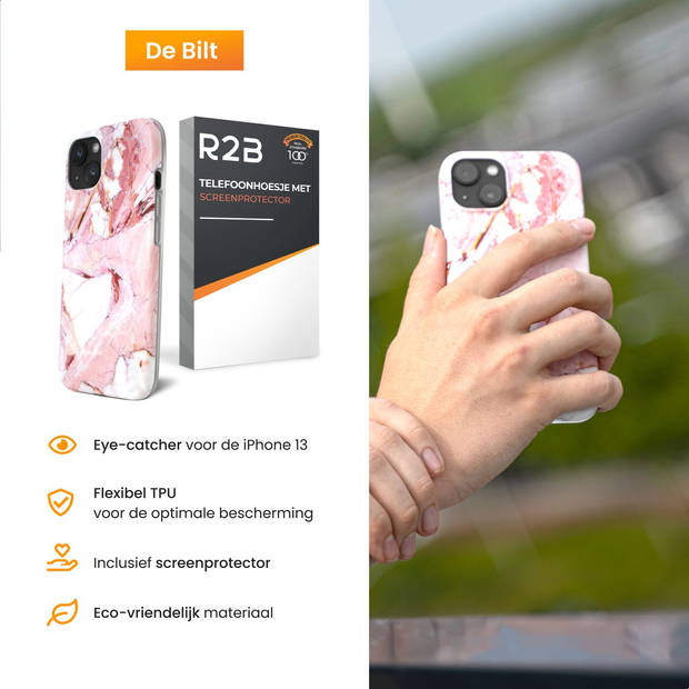 R2B® Marmer hoesje geschikt voor iPhone 13 - Model De Bilt - Inclusief screenprotector - Gsm case - Roze/Wit/Oranje