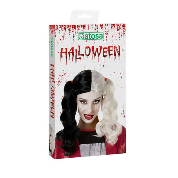 Atosa Halloween verkleedpruik lang haar met staartjes - zwart/wit - dames - Verkleedpruiken