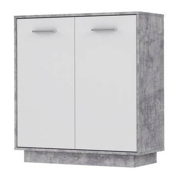 PILVI Opbergmeubel met 2 deuren - Wit en lichtgrijs beton - B 82,9 x D 34,2 x H 88,1 cm