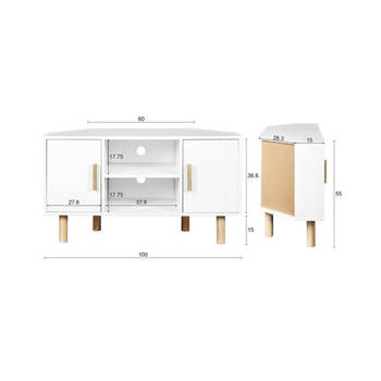 Lila Corner TV Cabinet - 2 deuren - Wit Melamine Decor - Massieve houten voeten - L90 x D35 x H55 cm