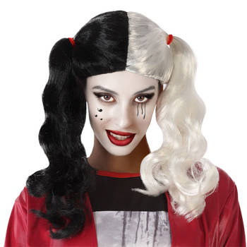 Atosa Halloween verkleedpruik lang haar met staartjes - zwart/wit - dames - Verkleedpruiken