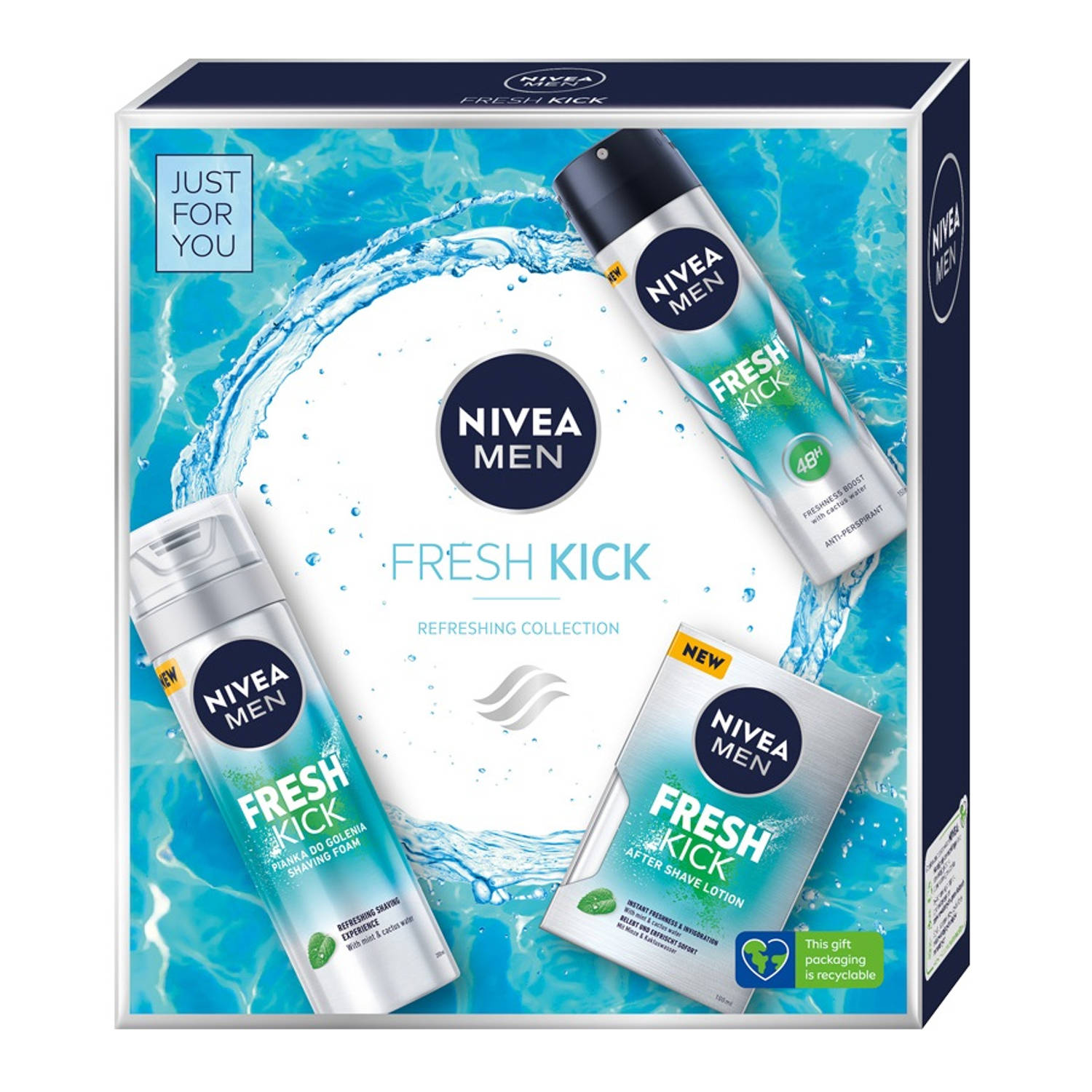 Men Fresh Kick scheerschuim set 200ml + antitranspiratiespray 150ml + verfrissend aftershave water 100ml