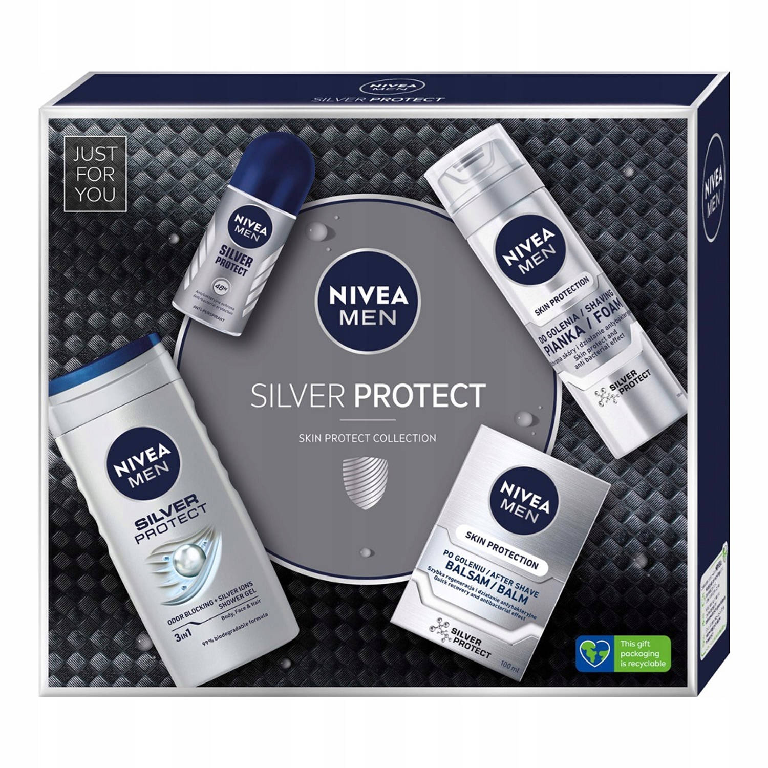 Men Silver Protect scheerschuim set 200ml + douchegel 250ml + aftershave balsem 100ml + antitranspirant roll-on 50ml