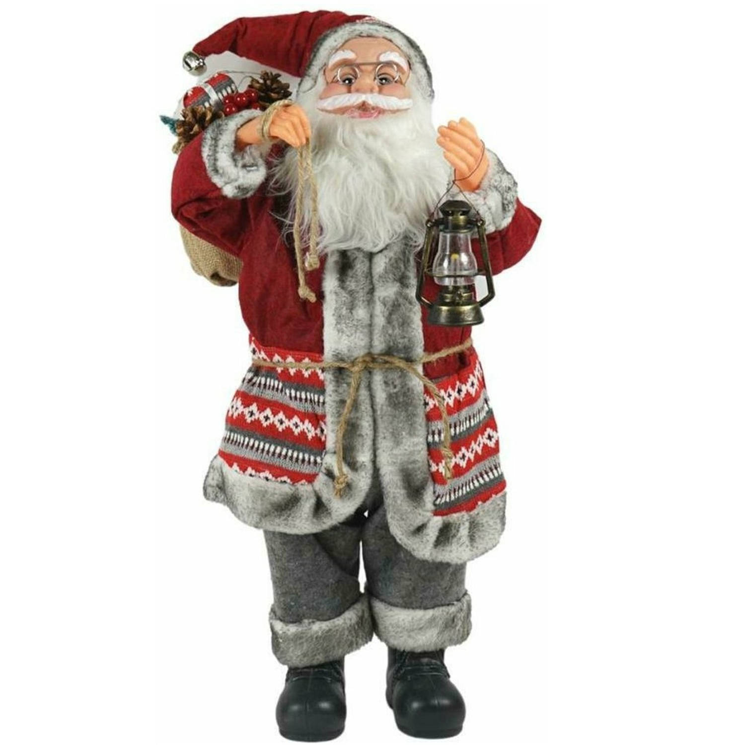 XL Luxe Kerst Decoratie Kerstman Staand Grijs-Rood - 70cm
