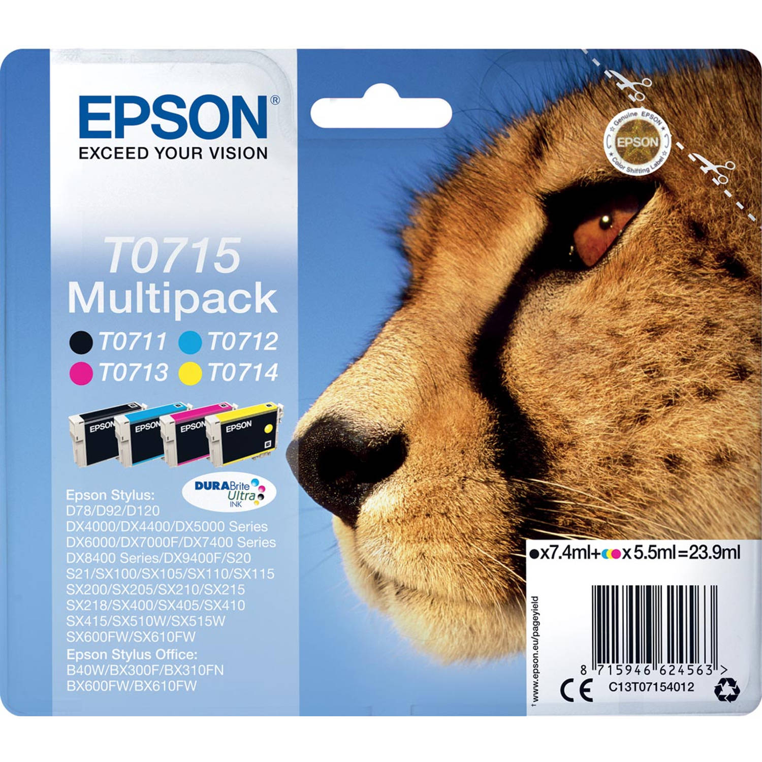 Epson inktcartridge T0715,250-415 pagina&apos;s, OEM C13T07154012, 4 kleuren 8 stuks