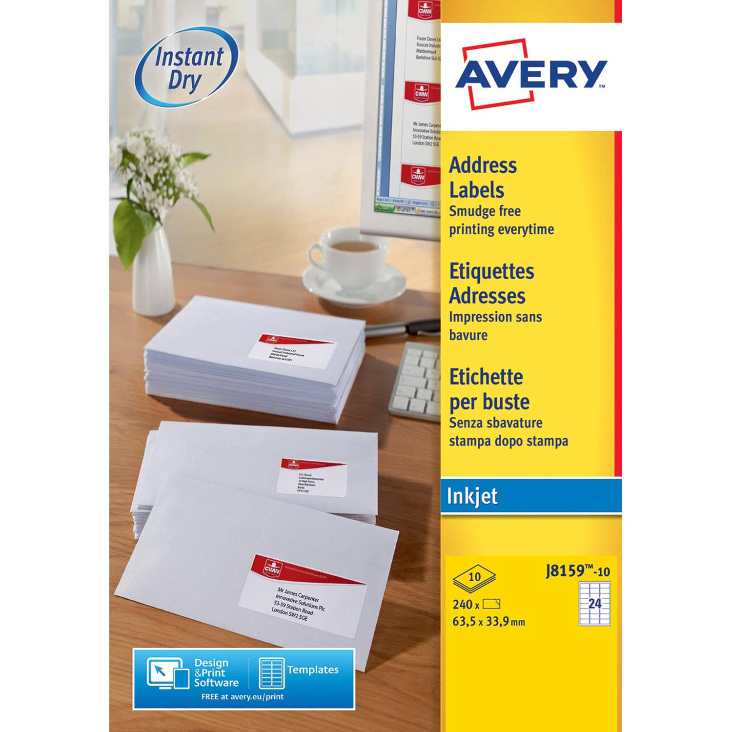 Avery J8159-10 adresetiketten ft 63,5 x 33,9 mm (b x h), 240 etiketten, wit