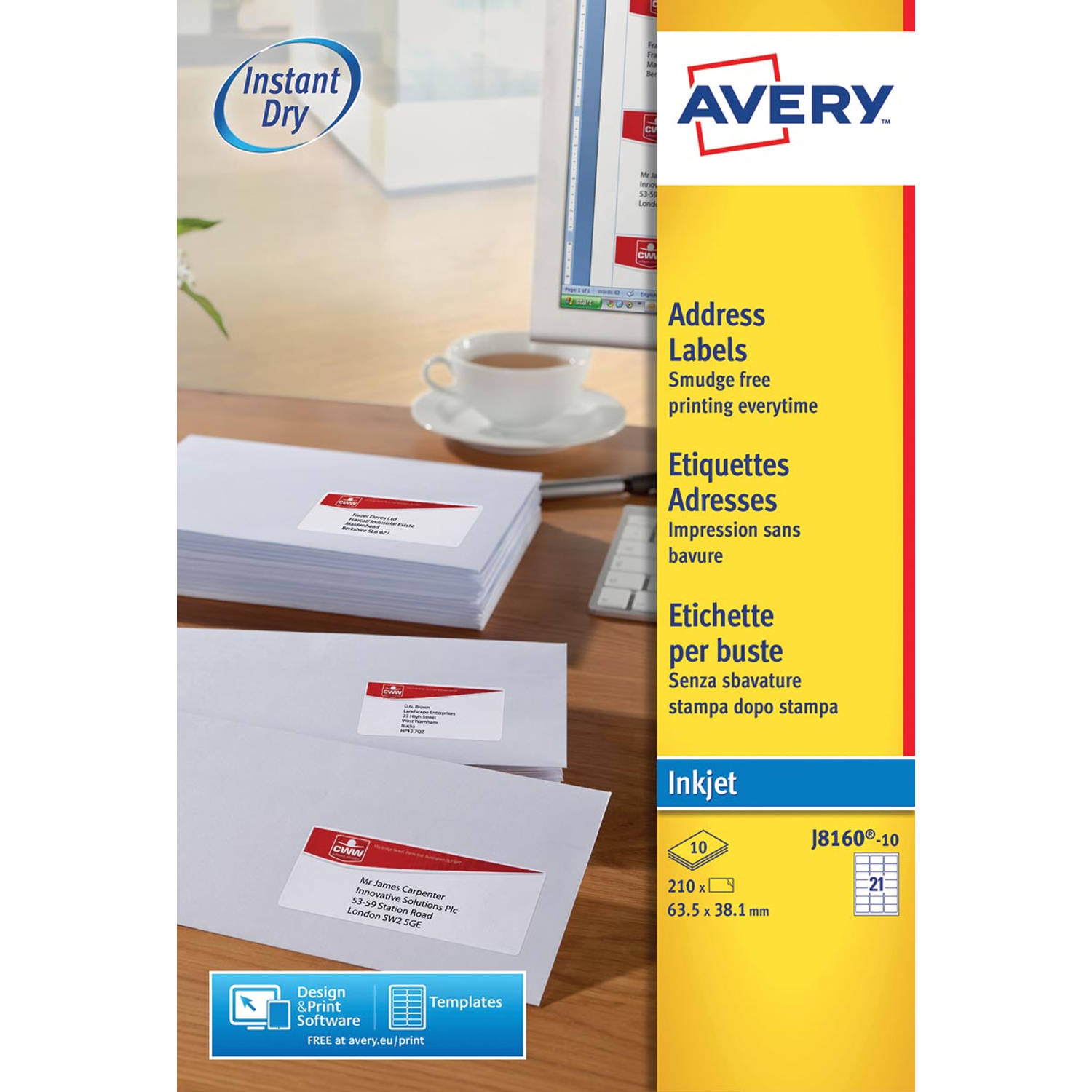 Avery J8160-10 adresetiketten ft 63,5 x 38,1 mm (b x h), 210 etiketten, wit