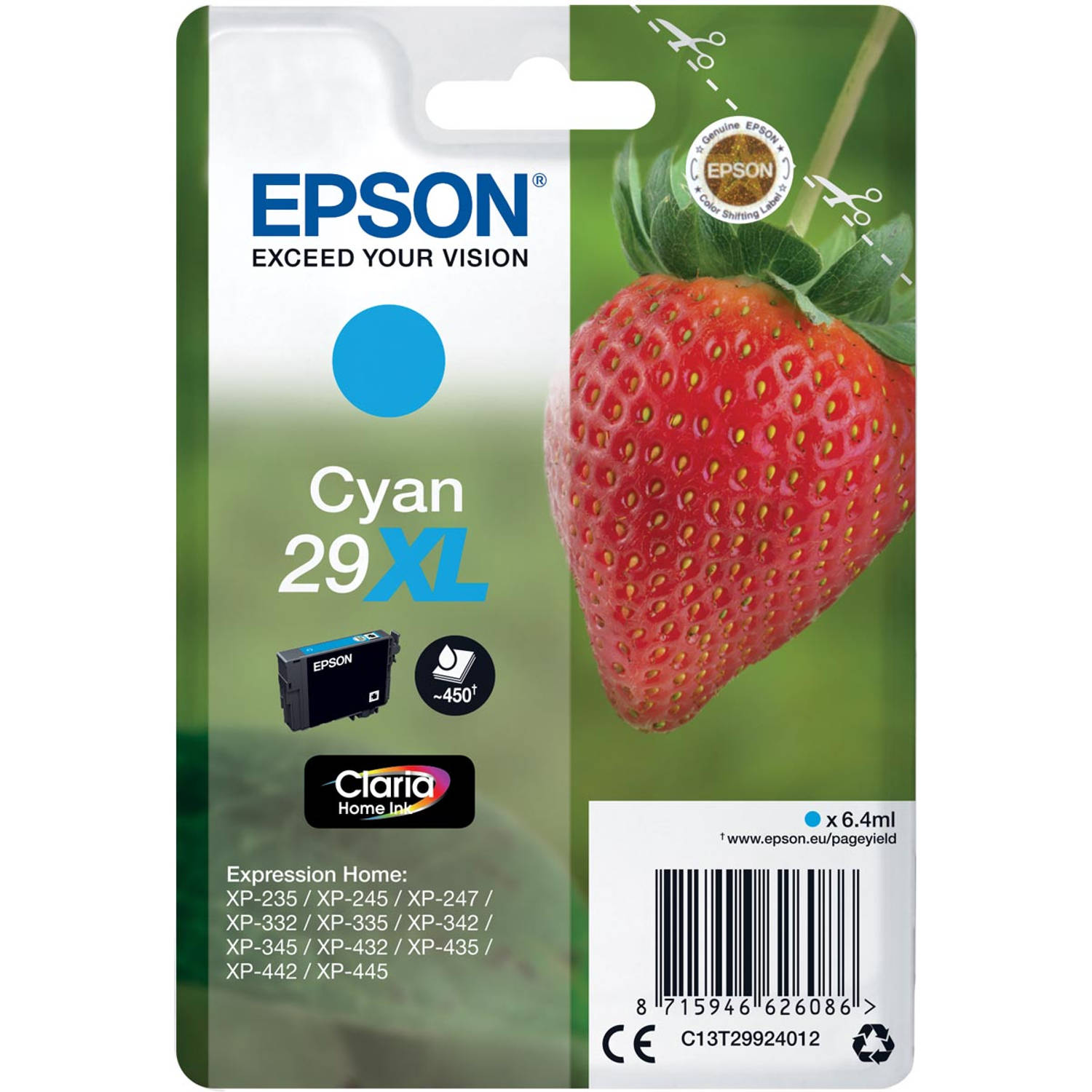 Epson inktcartridge 29X,L 450 pagina&apos;s, OEM C13T29924012, cyaan 10 stuks