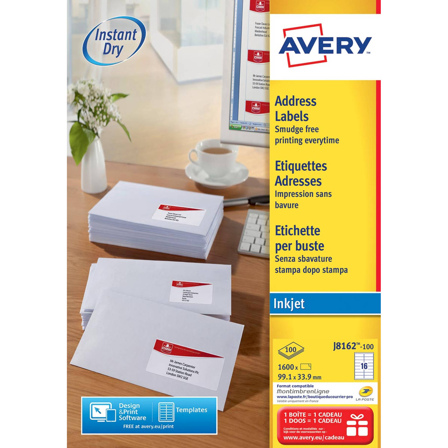 Avery witte etiketten QuickDry ft 99,1 x 38,1 mm (b x h), 1.400 stuks, 14 per blad 5 stuks