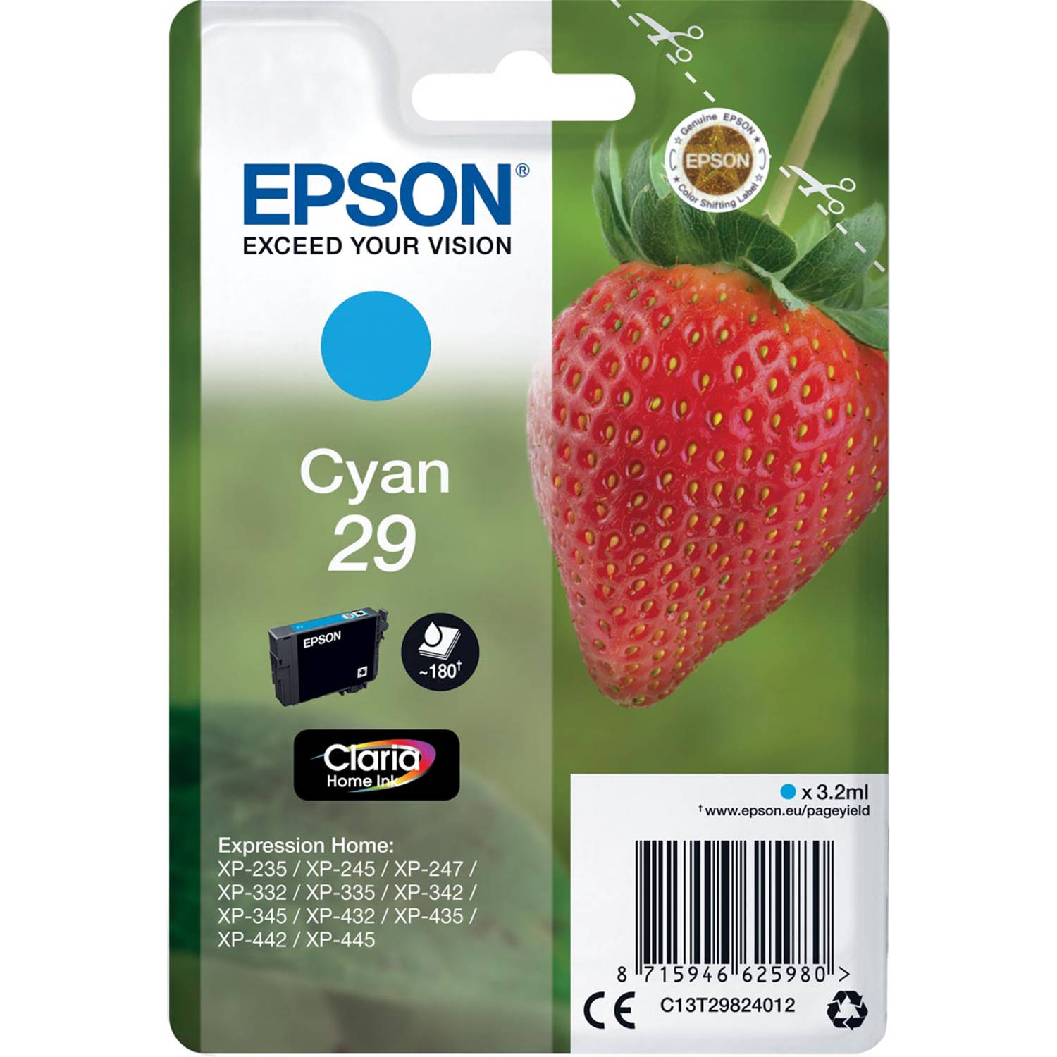 Epson inktcartridge 29, 180 pagina&apos;s, OEM C13T29824012, cyaan 10 stuks