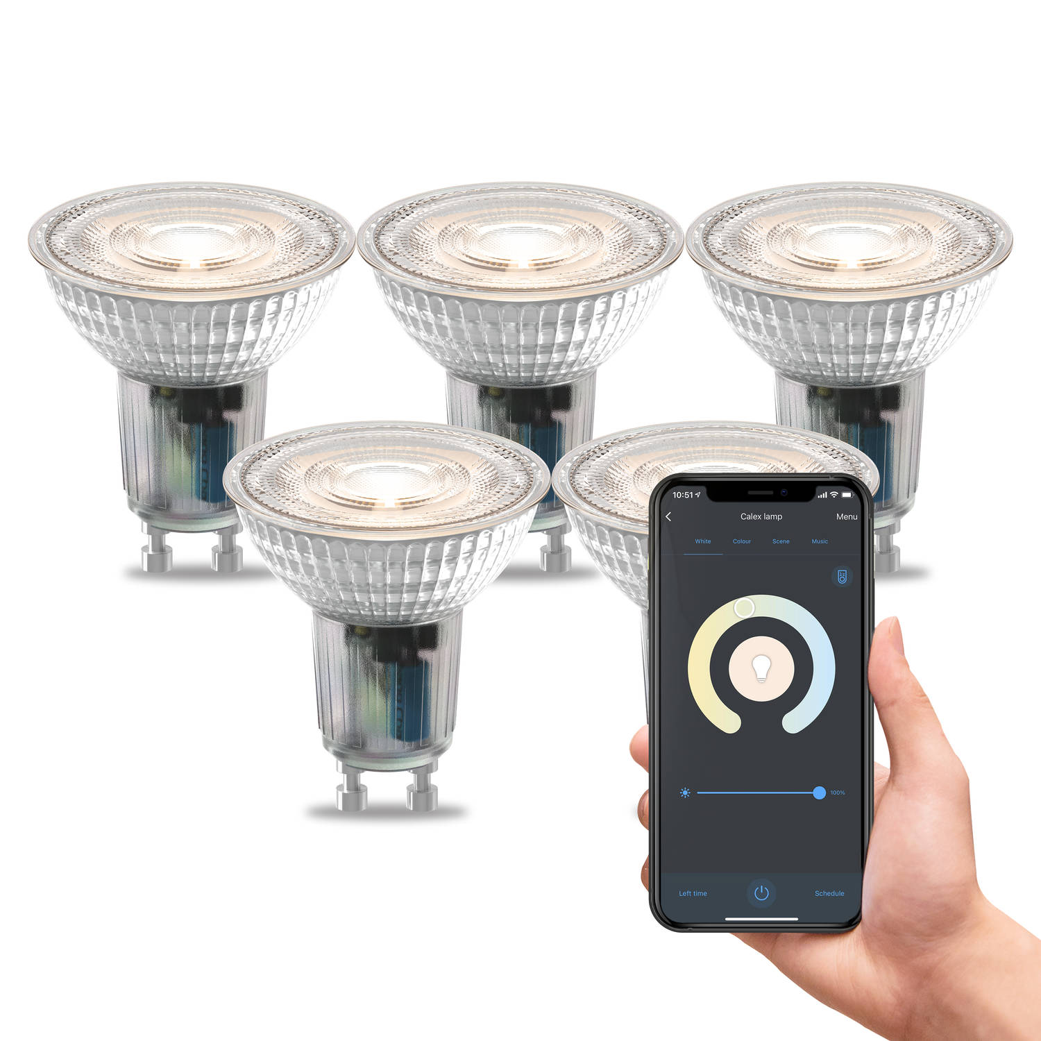 Calex Slimme Lamp - Set van 5 stuks - Wifi LED Verlichting - GU10 Smart Lichtbron - Dimbaar - Warm Wit licht - 4.9W