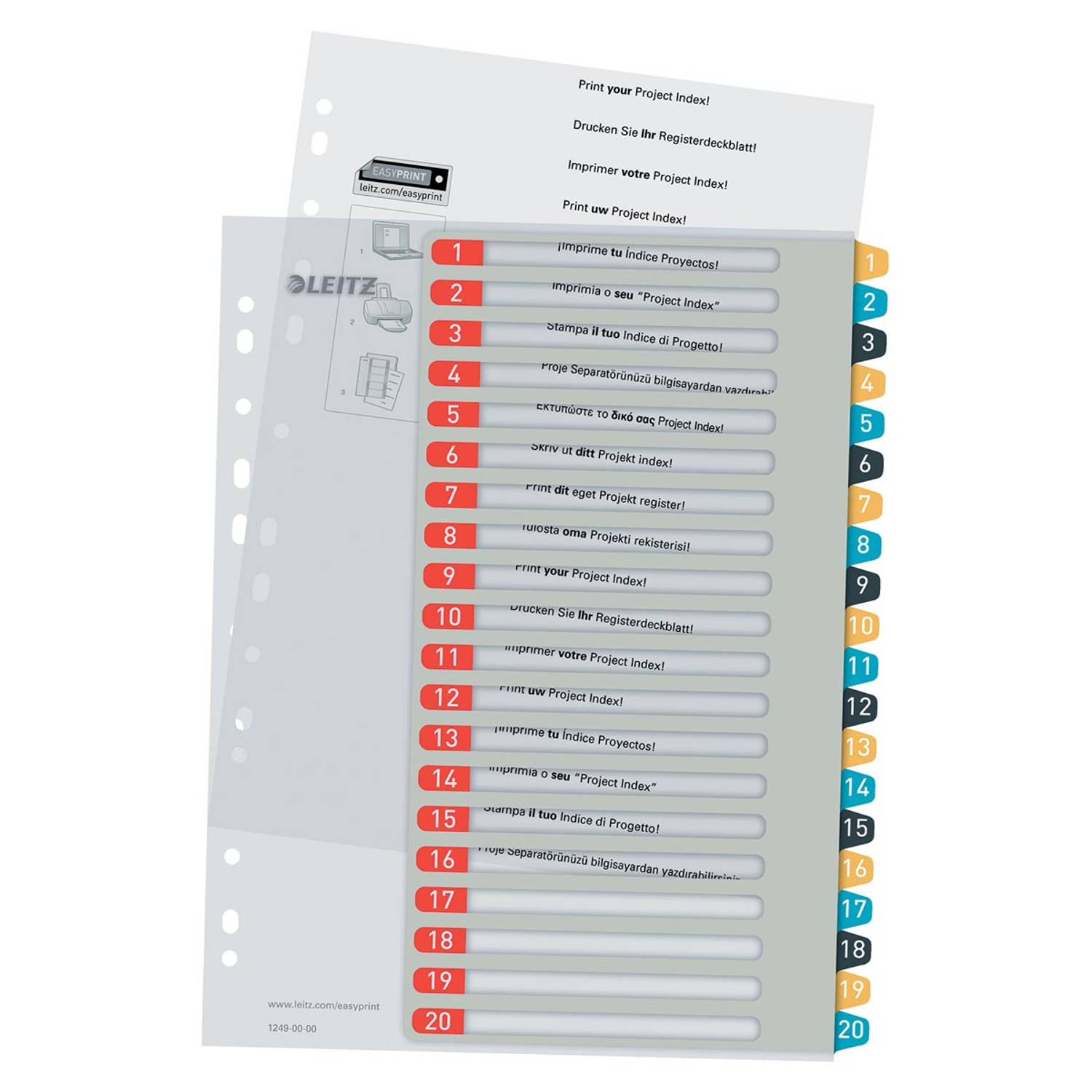 Leitz Cosy tabbladen, ft A4, 11-gaatsperforatie, PP, geassorteerde kleuren, set 1-20 12 stuks