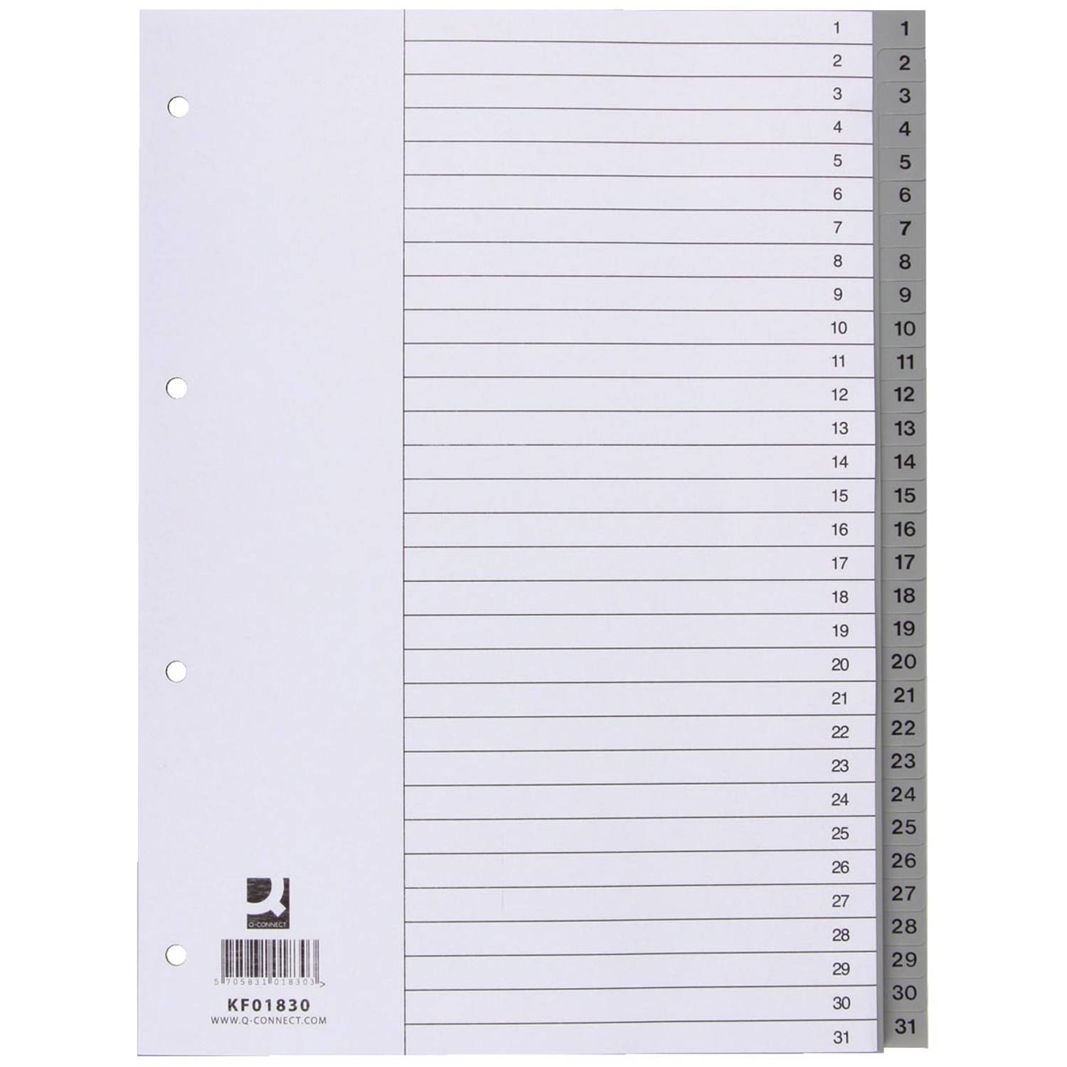 Q-CONNECT tabbladen set 1-31, met indexblad, ft A4, grijs 10 stuks