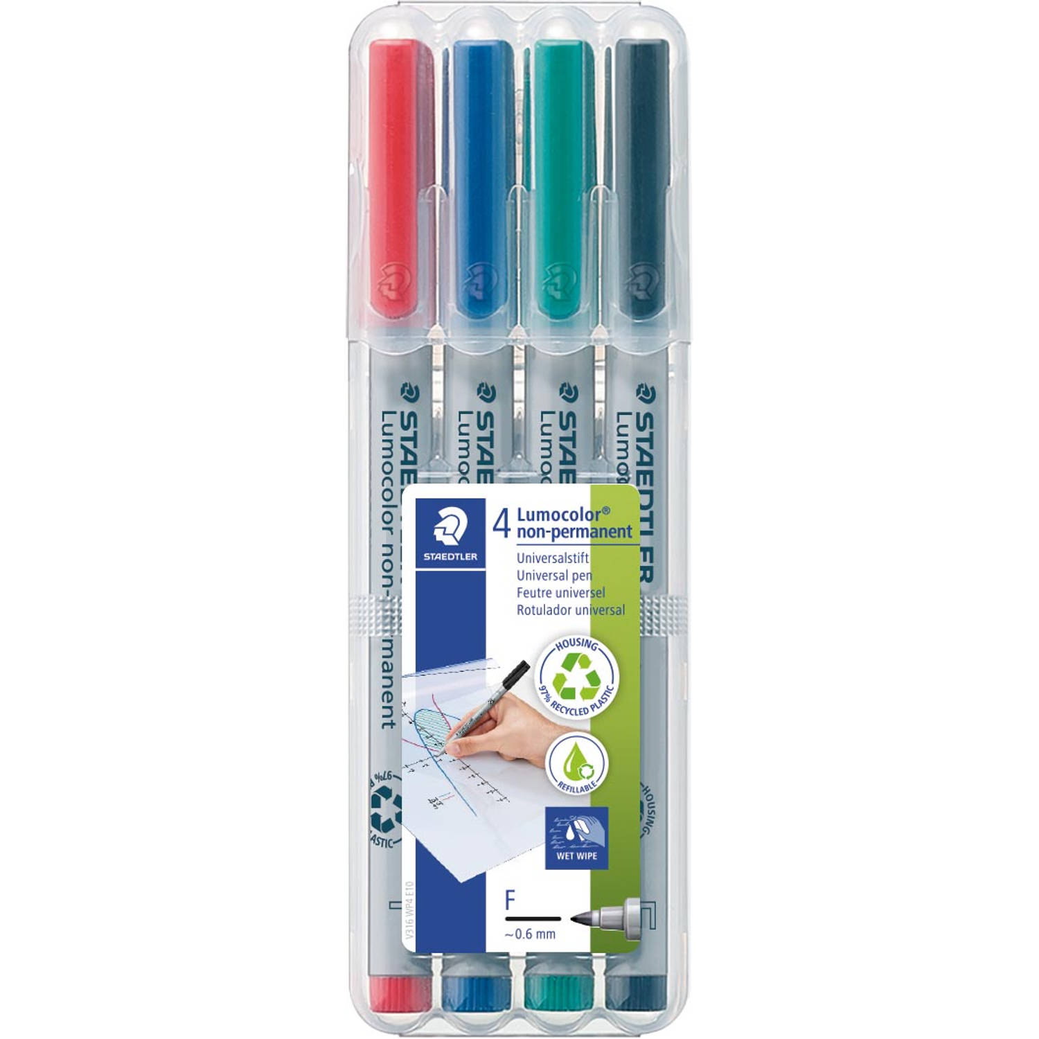 Staedtler OHP-marker Lumocolor Non-Permanent geassorteerde kleuren box met 4 stuks fijn 06 mm