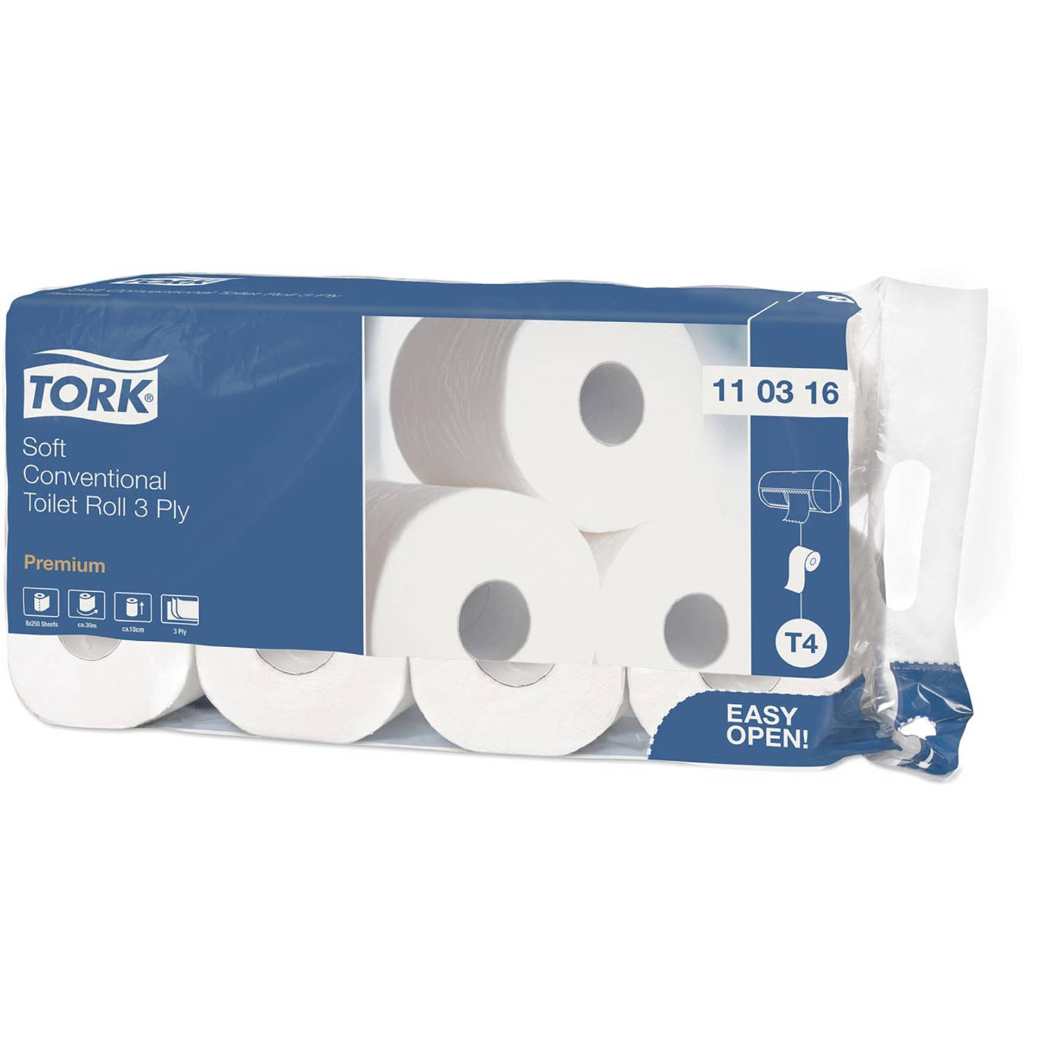 Tork Premium toiletpapier extra soft, 3-laags, 250 vellen, systeem T4, wit, pak van 8 rollen 9 stuks