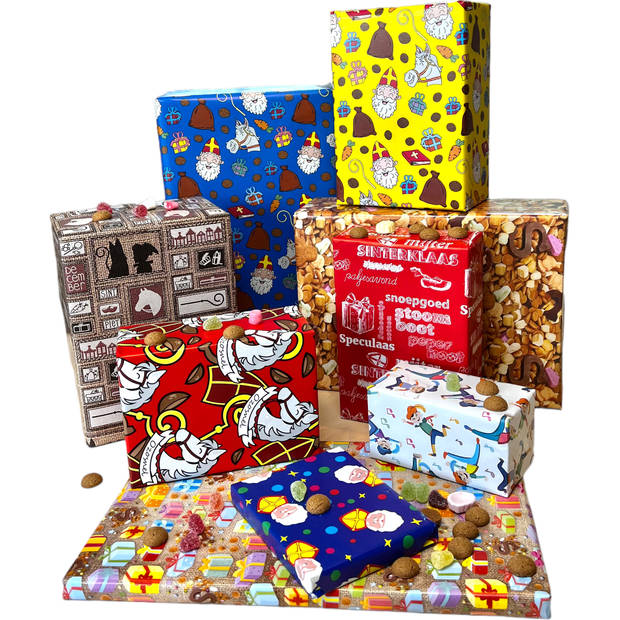 Sinterklaas Cadeaupapier - Assortiment Sinterklaaspapier Inpakpapier incl. 20 Naamstickers - 300 x 70 cm - 7 rollen