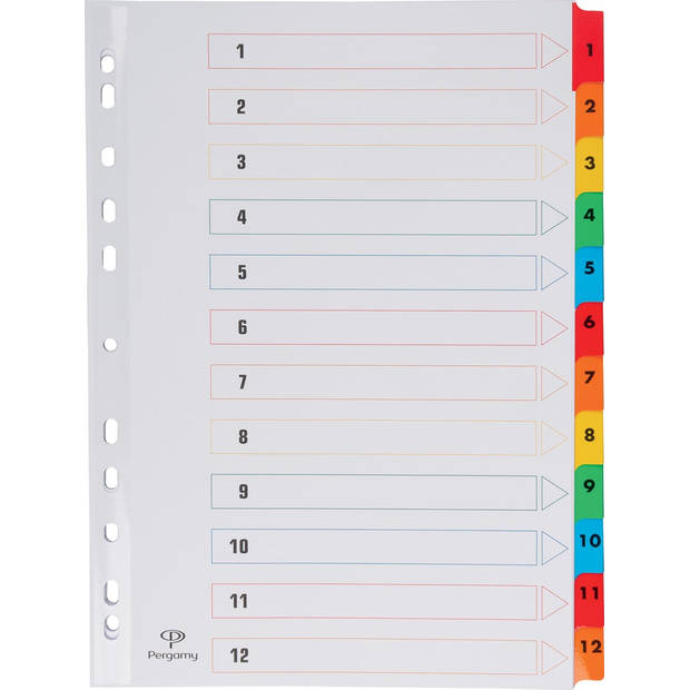Pergamy tabbladen met indexblad, ft A4, 11-gaatsperforatie, geassorteerde kleuren, set 1-12
