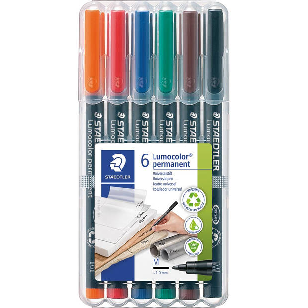 Staedtler Lumocoler 317, OHP-marker, permanent, 1,0 mm, etui van 6 stuks in geassorteerde klassieke kleur