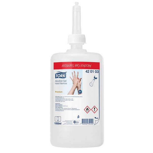 Tork alcohol gel voor handdesinfectie, systeem S1, flacon van 1 liter 6 stuks