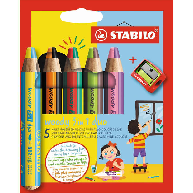 STABILO woody 3in1 duo kleurpotlood, etui van 5 stuks, assorti