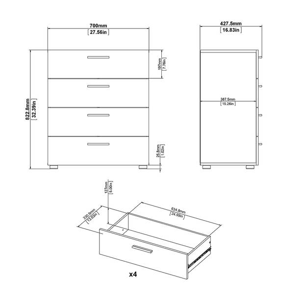 Petra kommode met 4 lades, matzwart.