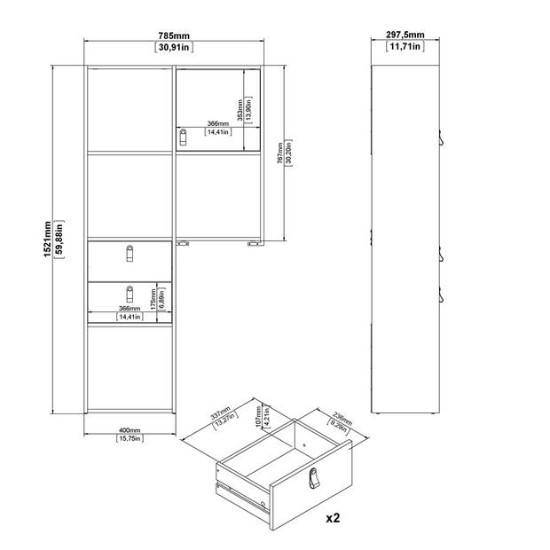 Fula Boekenkast met 1 deur, 2 laden eikenstructuur decor en wit.