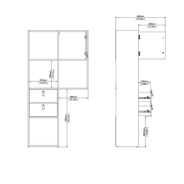 Fula Boekenkast met 1 deur, 2 laden eikenstructuur decor en wit.