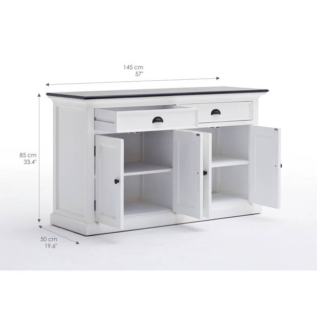 HalifaxContrast dressoir met 4 deuren en 2 lades, in wit met zwart bovenblad.