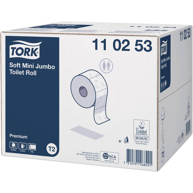 Tork Premium Mini jumborol toiletpapier zacht, 2-laags, systeem T2, wit 12 stuks