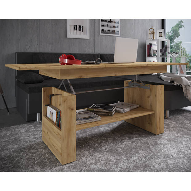 Kobila salontafel met in hoogte verstelbaar tafelblad, 1 legplank en 2 vakkenHoning eiken decor.