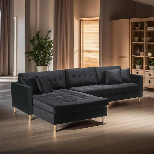 Marino Deluxe bank met chaise longue rechts of links gedraaid met kussens velours zwart.