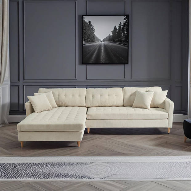 Marino Deluxe bank met chaise longue rechts of links gedraaid met kussens fluweel zandkleurig.