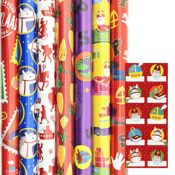 Benza Sinterklaas cadeaupapier inpakpapier - 2.5 meter x 70 cm - 5 rollen inclucief labels